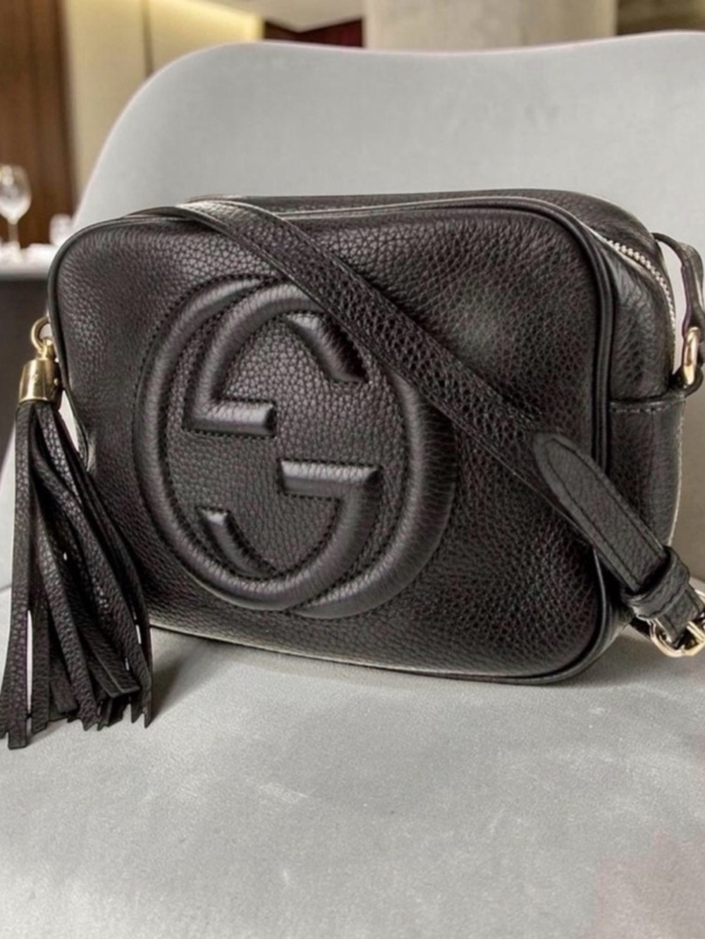 AUTHENTIC GUCCI SOHO DISCO SMALL BLACK LEATHER CROSSBODY BAG “GG” LOGO